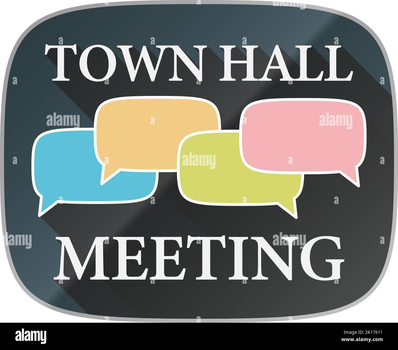 TOWN HALL MEETING label or symbol with colorful speech bubbles symbolizing communication and dialog, vector illustration Stock Vector