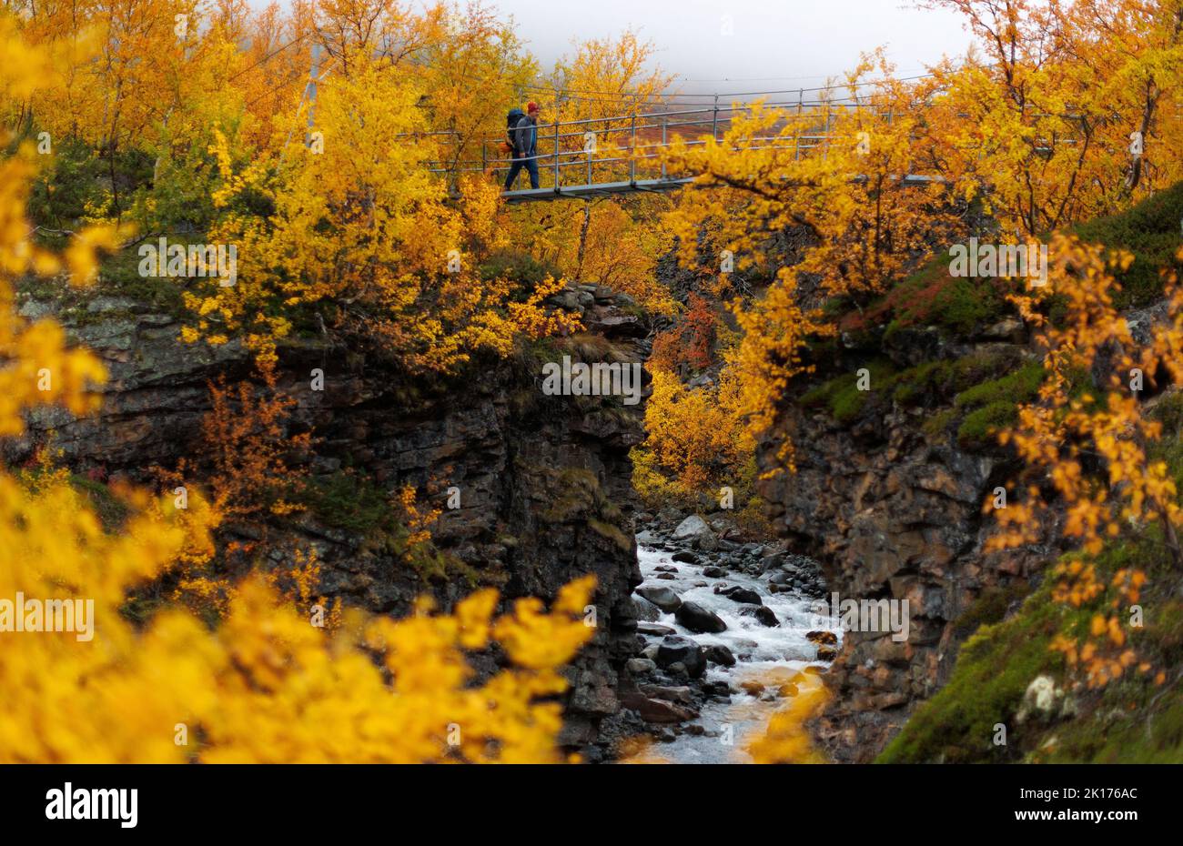 A hiker crosses a bridge over a creek along King's Trail (Kungsleden) hiking route, during autumn in Lapland, near Abisko, Sweden September 13, 2022. REUTERS/Lisi Niesner Stock Photo