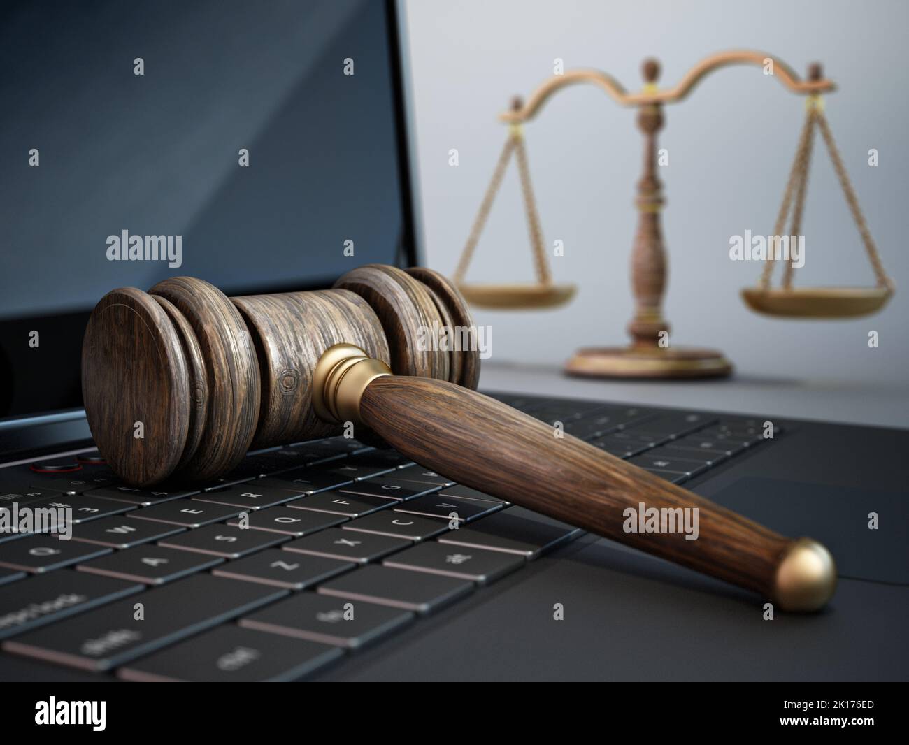 Judge gavel and balanced scale standing on laptop computer keyboard. 3D illustration. Stock Photo