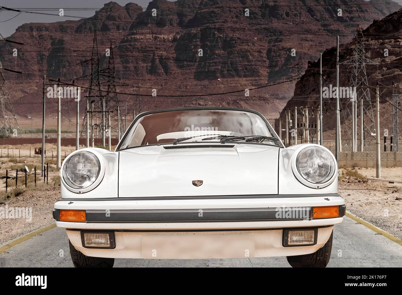 Porsche 911 targa, front view of the German sports car on a road near a substation in the mountains of Jordan, vehicle location Lehnin, Germany, Septe Stock Photo