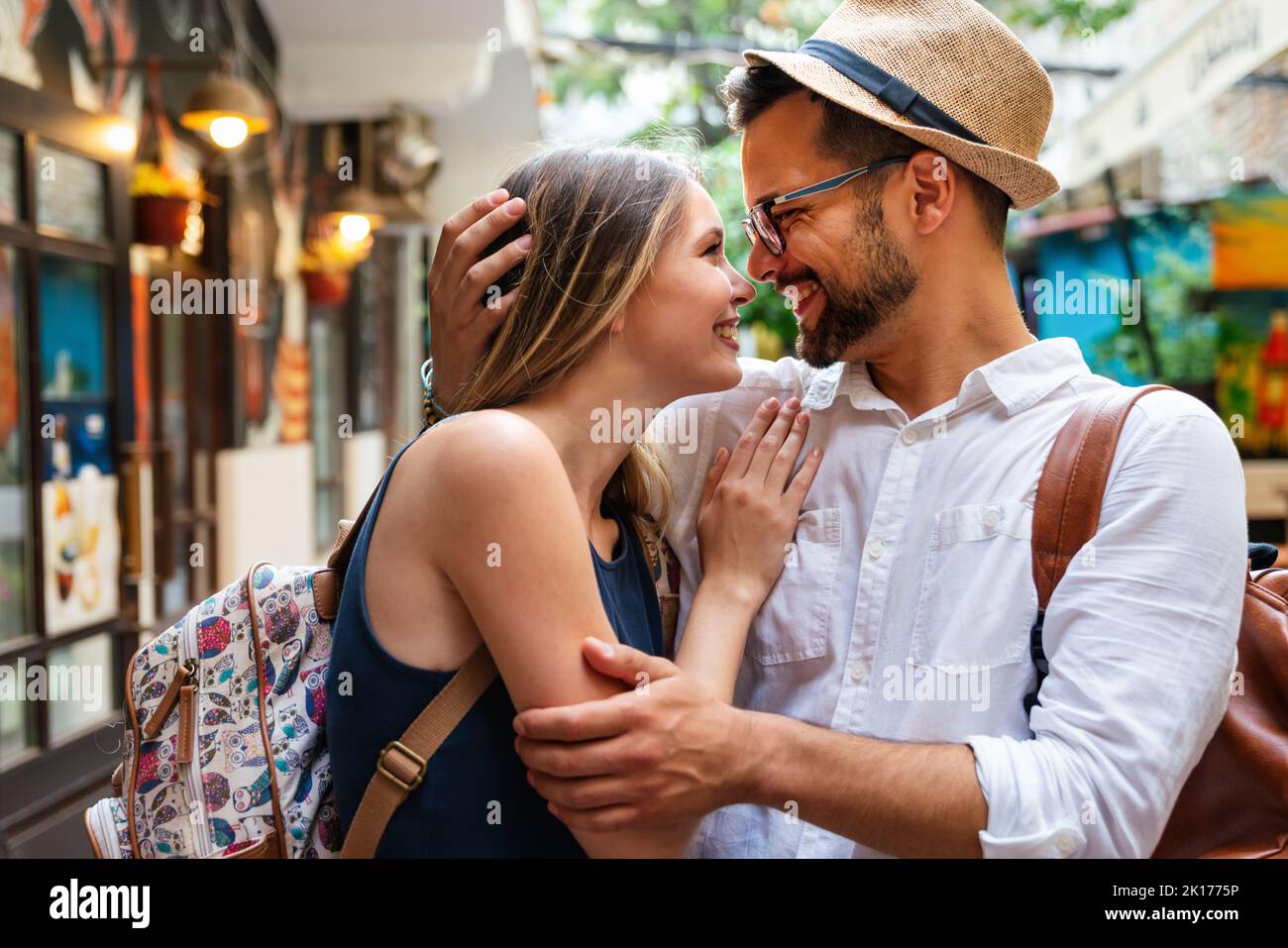 Portrait of happy couple having fun on vacation. People travel ...