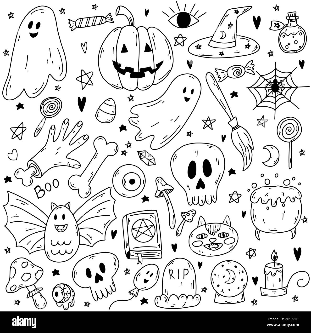 Cute cartoon skull and pumpkin Halloween doodle element. 24864836 PNG