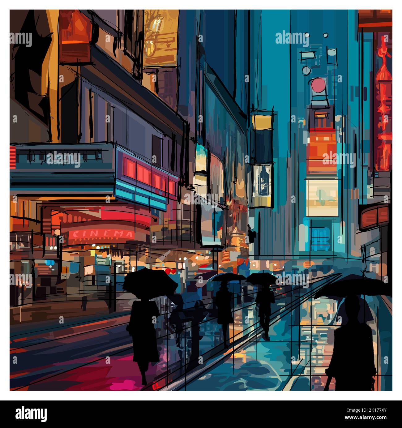 Original representation of Times square in New york on a rainy night.- vector illustration (Ideal for printing on fabric or paper, poster or wallpaper Stock Vector