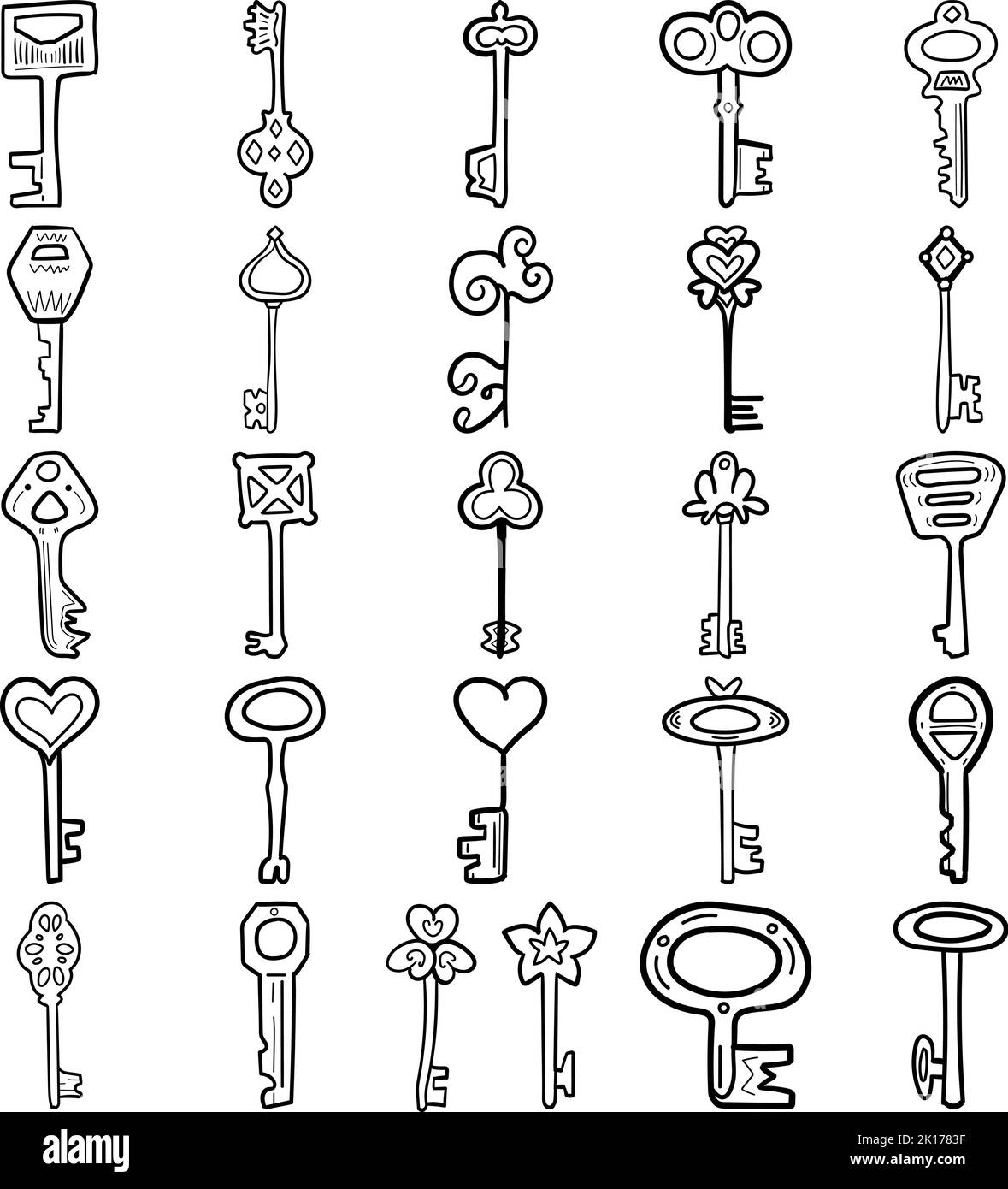 Keys Hand Drawn Doodle Line Art Outline Set Containing key, keys