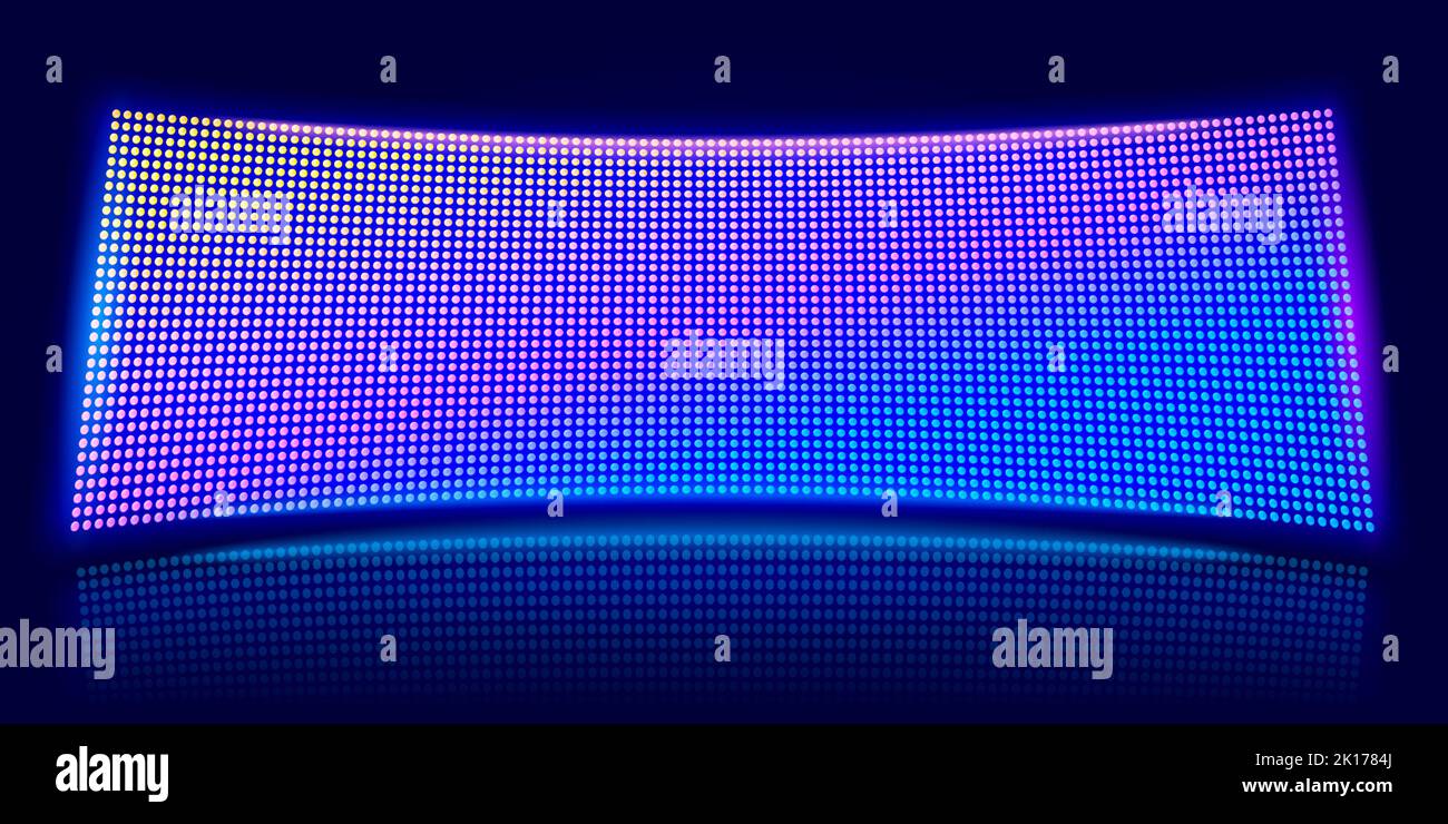 Curved LED screen. Digital stadium scene, glowing video stage and lcd pixel diodes display vector background Stock Vector