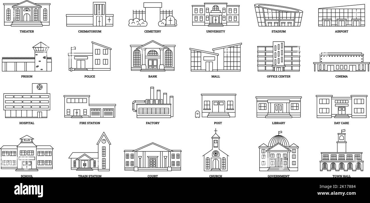 Line art government buildings. University exterior, city hospital and bank building. Town architecture office center Stock Vector