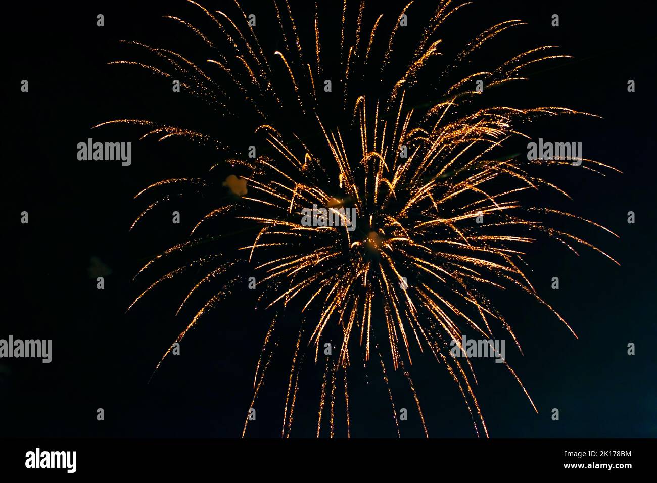 An explosion of bright single fireworks, against the background of the night sky. High quality photo Stock Photo