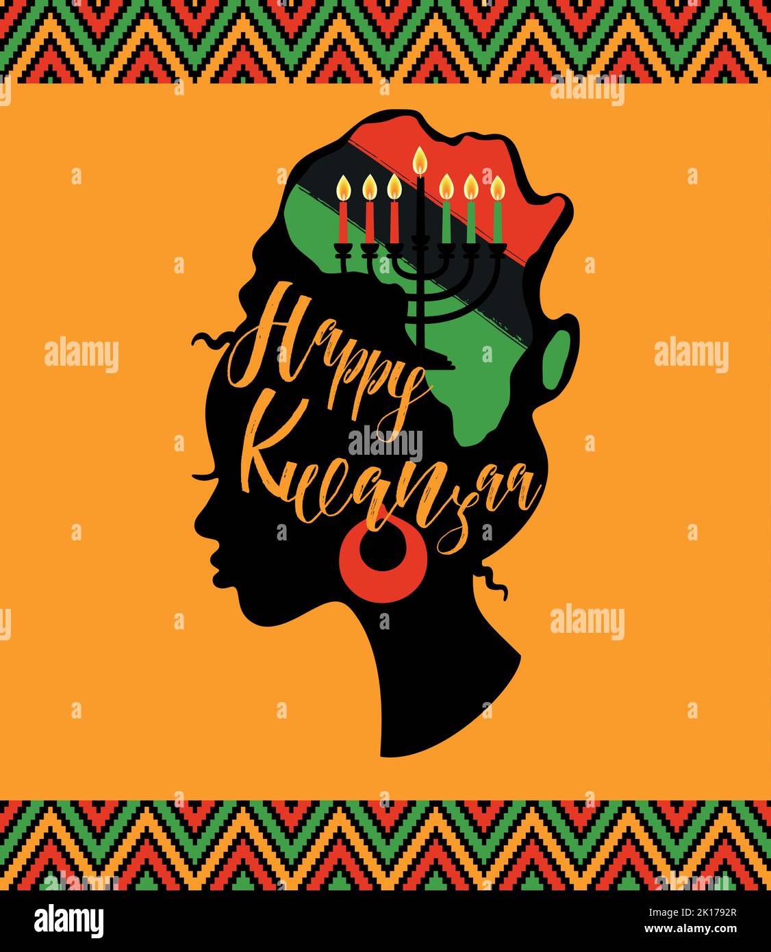 Greeting card for Kwanzaa with African women. Vector illustration. Happy Kwanzaa decorative greeting card. seven kwanzaa candles in map Africa. Stock Vector