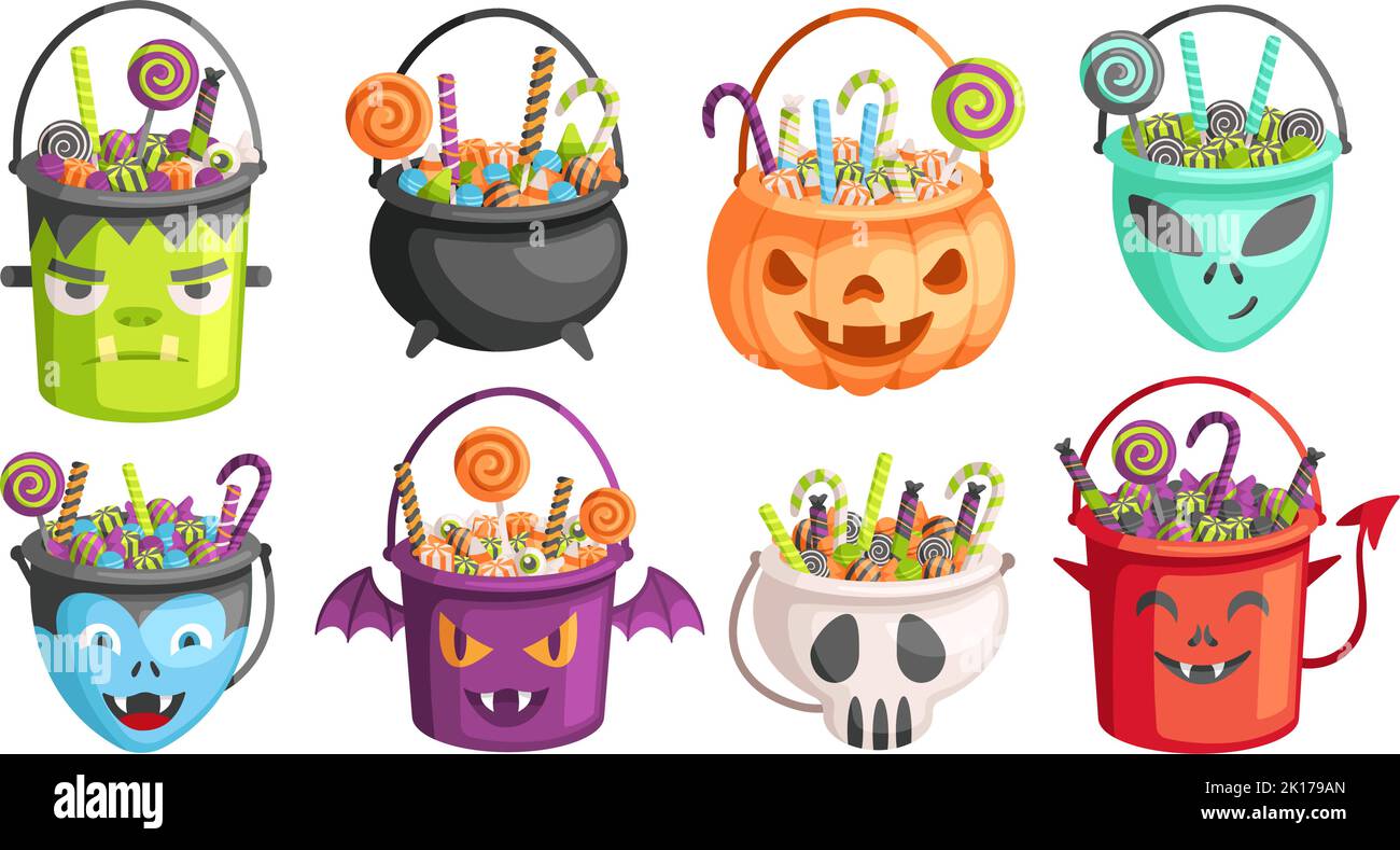 Halloween buckets. Trick or treat bags, pumpkin bucket with candies and