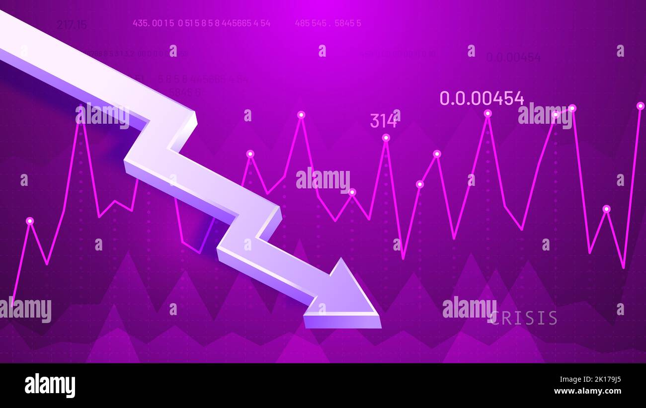 Dropping graphic arrow. Profit reduction schedule, financial debt graph ...