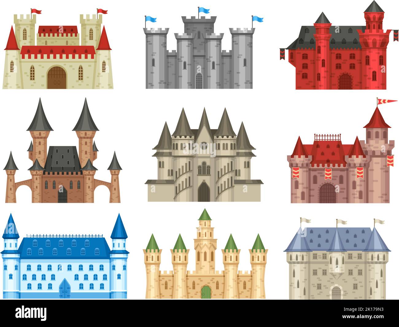 Medieval castles. Gothic palace, ancient king house and old kingdom castle tower vector set Stock Vector