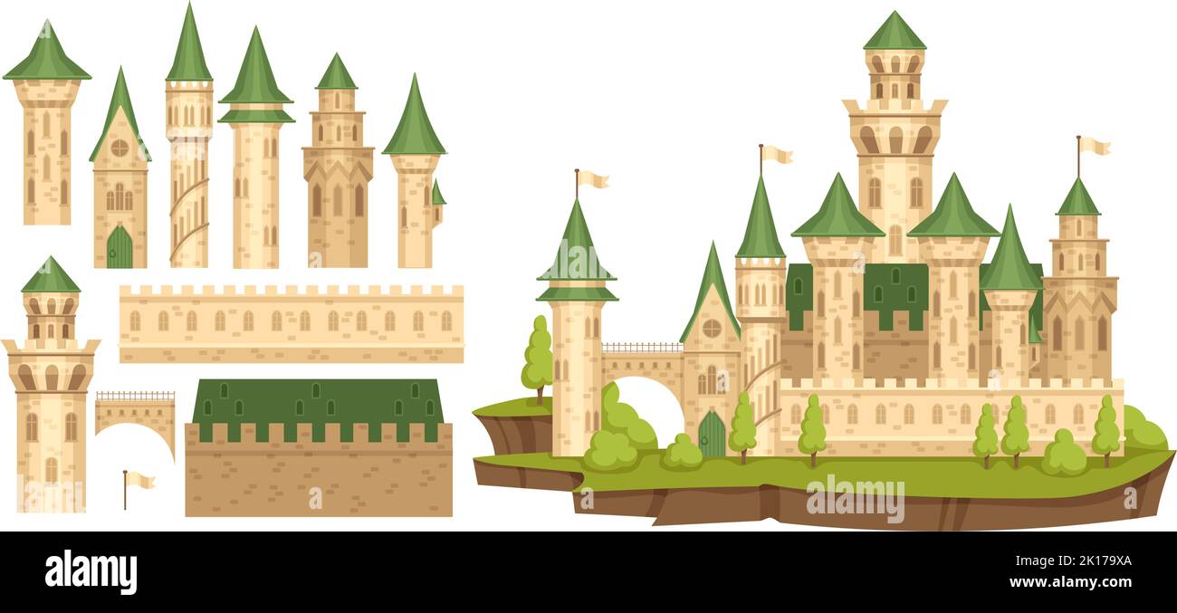 Medieval castle constructor. Old bastion, cartoon ancient tower creator and palace walls elements vector set Stock Vector