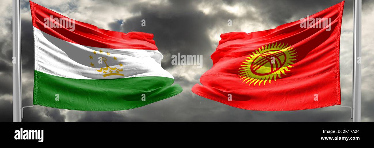 Conflict Kyrgyzstan and Tajikistan, war between Kyrgyzstan vs Tajikistan, fabric national flag Kyrgyzstan and Flag Tajikistan, war crisis concept. 3D Stock Photo