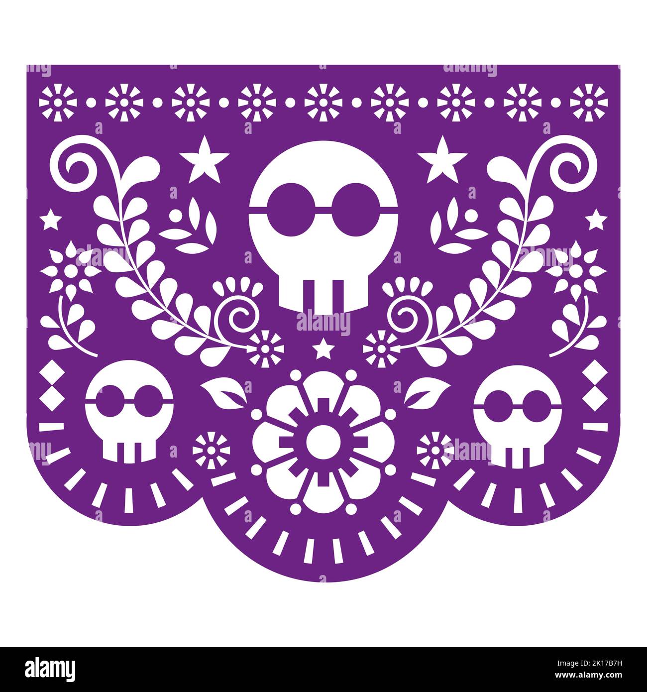 Halloween party Papel Picado decoration with skulls, Mexican fiesta vector design, traditional paper cutout background Stock Vector