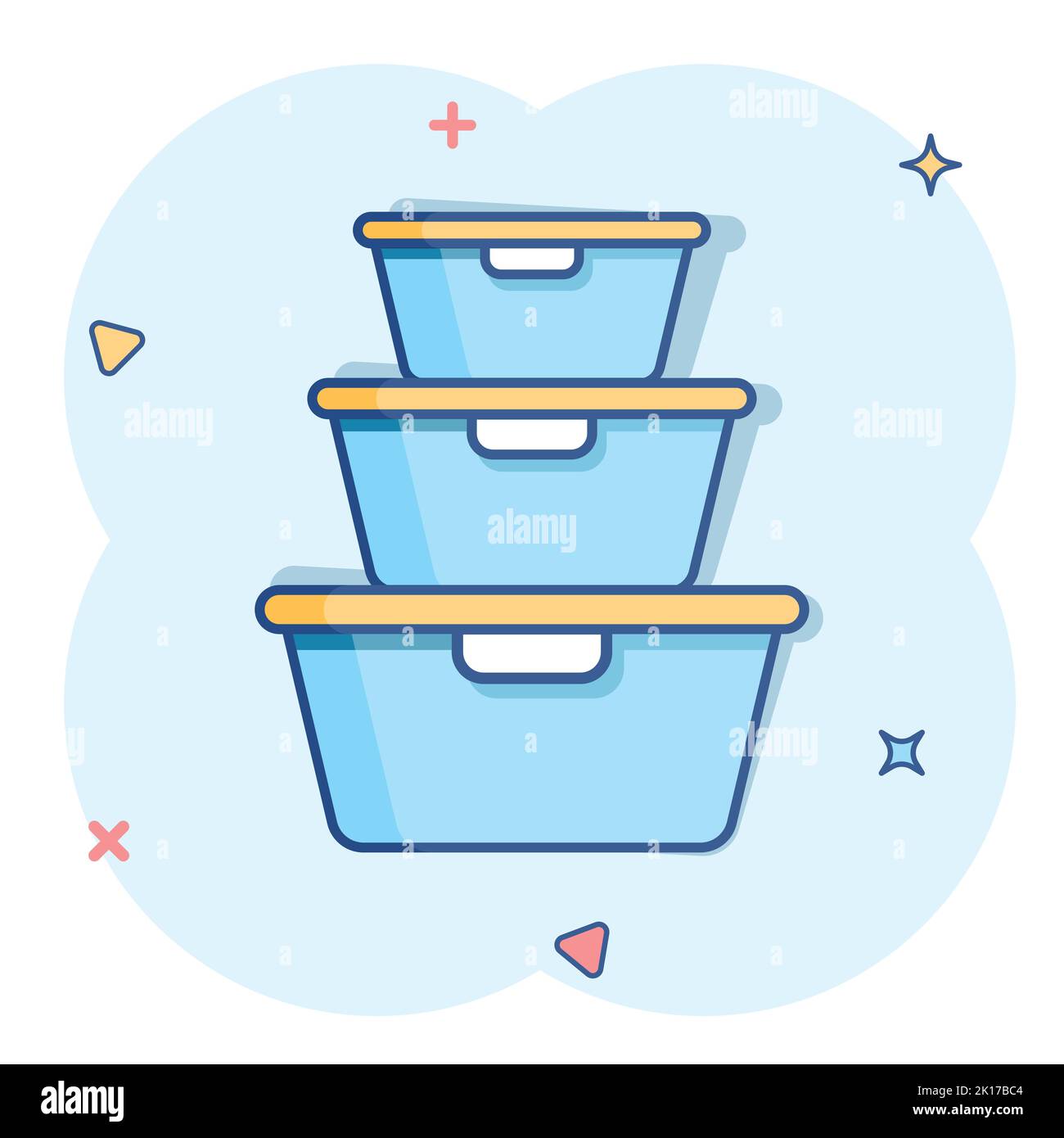 Food container icon in comic style. Kitchen bowl vector cartoon