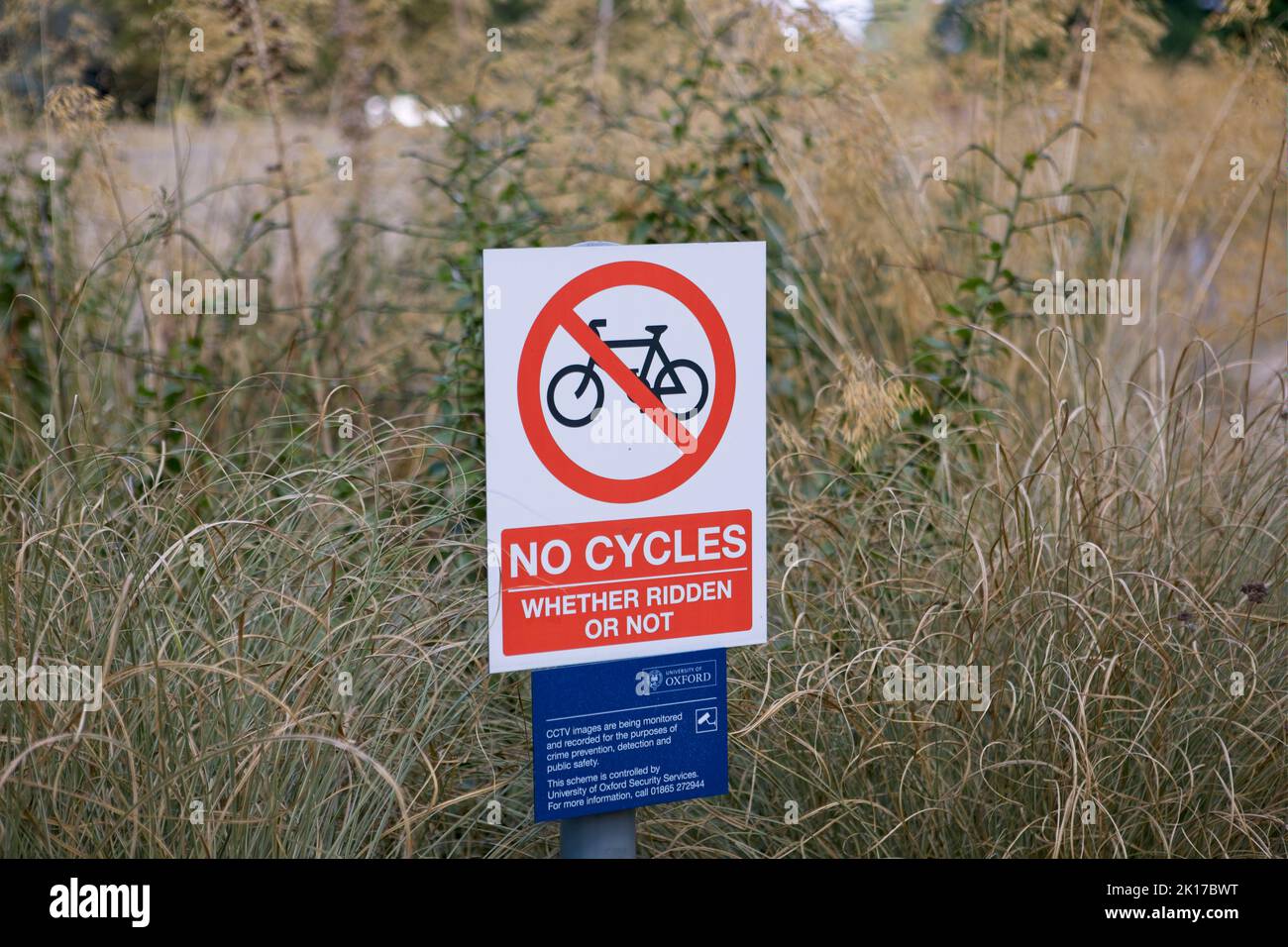 Park in Oxford owned by the university: No cycles whether ridden or not Stock Photo
