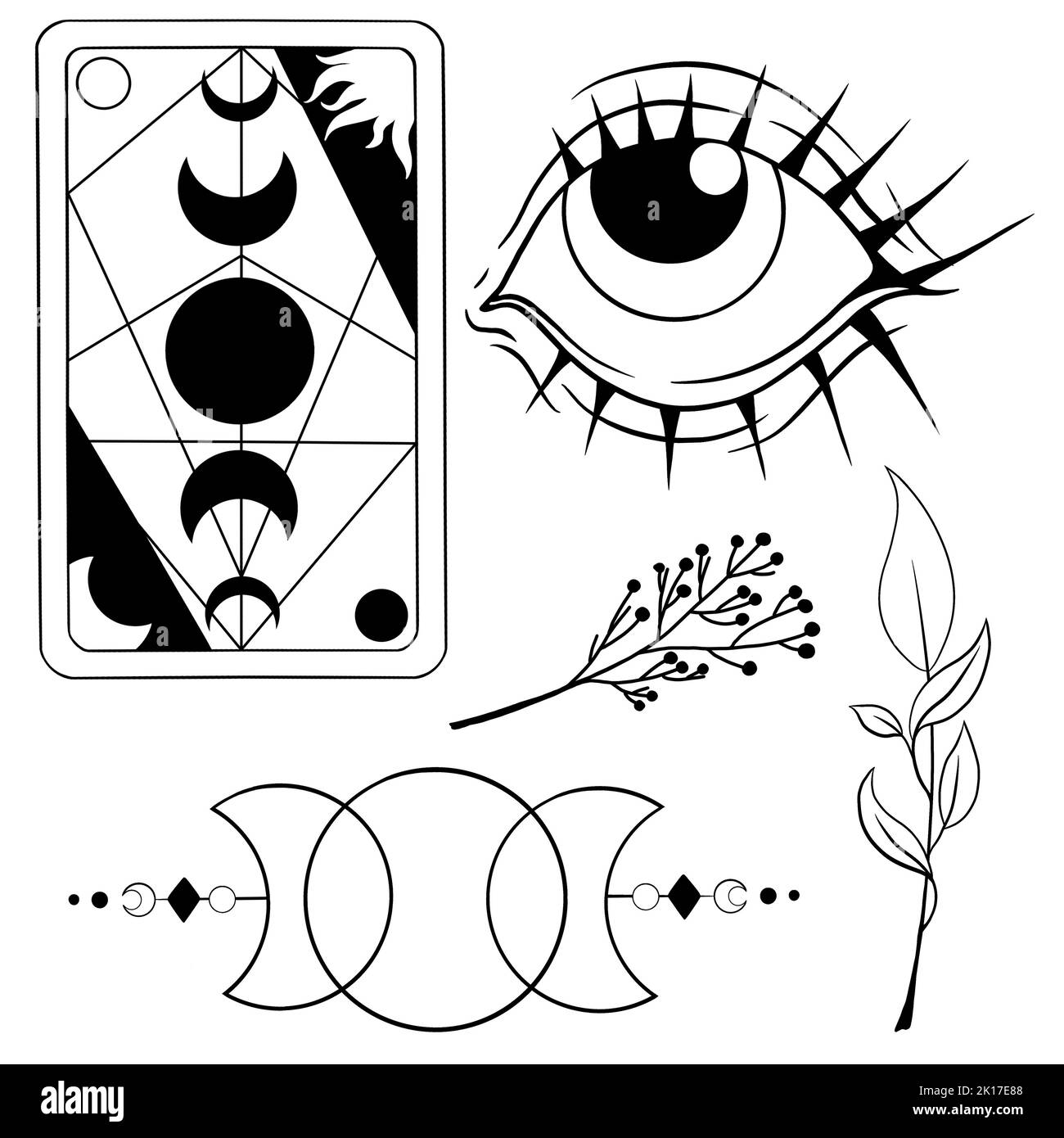 Mystical signs, symbols and plants: graphic drawings. Black contour raster elements on a white background. Suitable for creating postcards and pattern Stock Photo