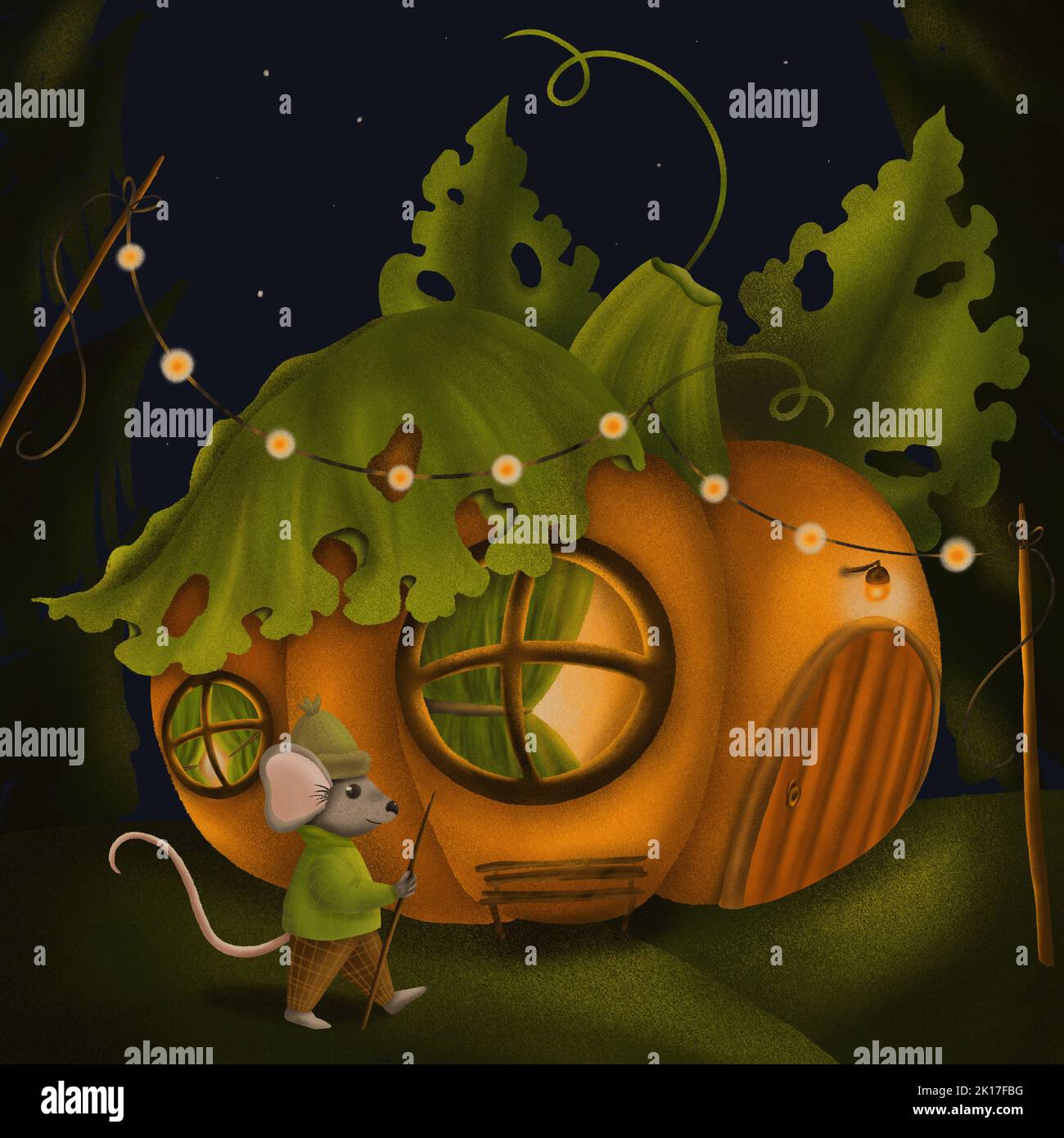 Mouse traveler and pumpkin house. Cozy digital illustration. Drawing for printing postcards, prints, book decoration. Stock Photo