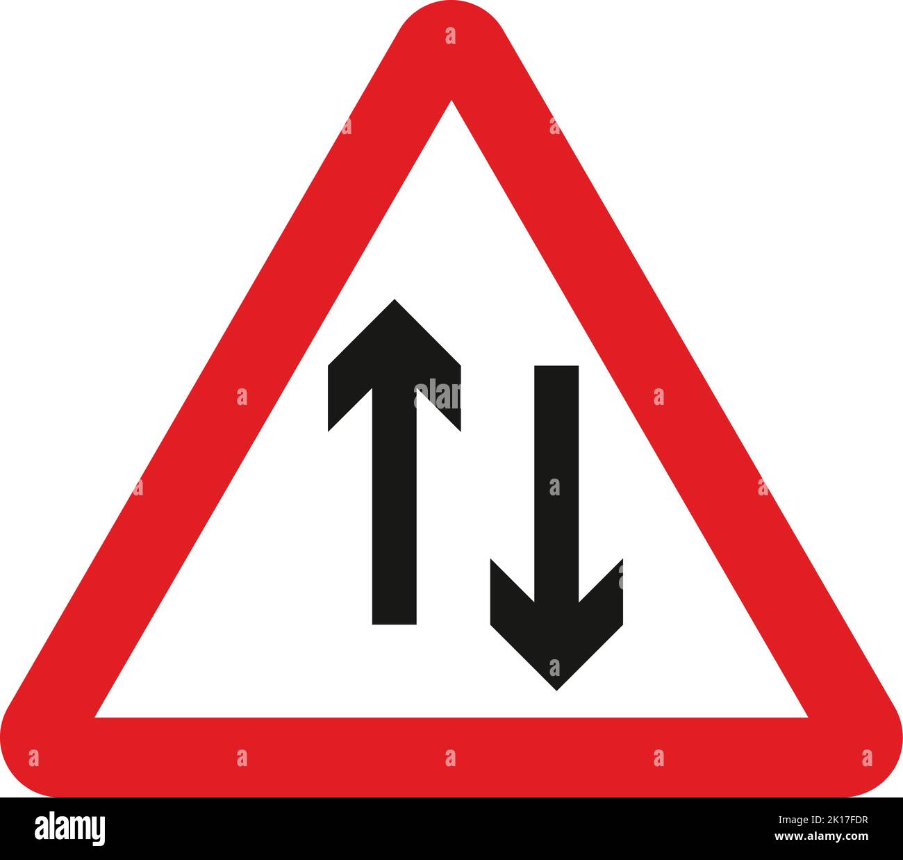 Two-way traffic straight ahead, The Highway Code Traffic Sign, Signs giving orders, Signs with red circles are mostly prohibitive. Plates below signs Stock Vector