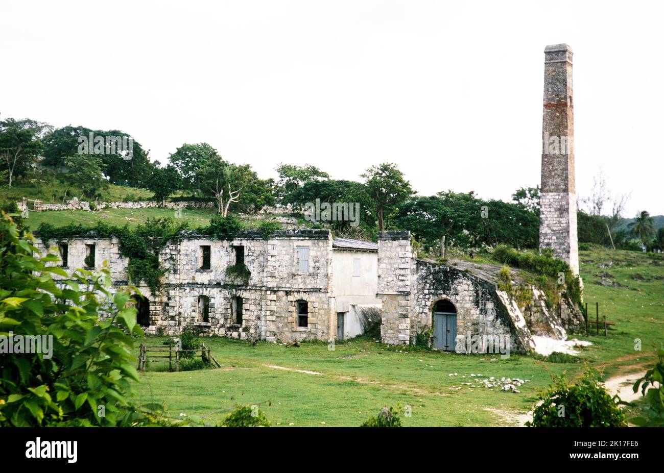 Chimney and ruined buildings of old estate sugar mill, Jamaica, Wset Indies 1970 Stock Photo