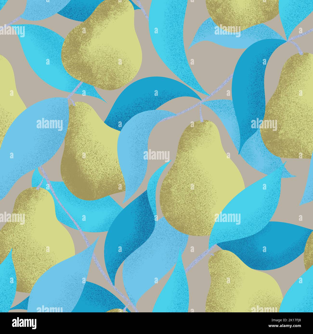 Delicate pears with blue leaves on a beige background. Seamless fruit ...