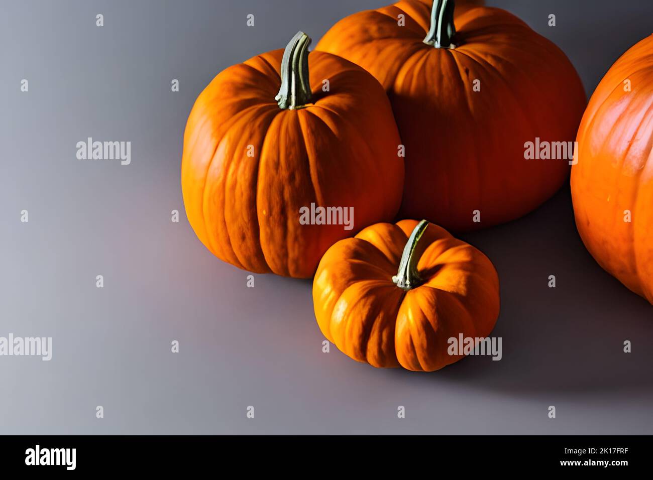 The different size orange pumpkins on gray surface - Halloween background with copyspace Stock Photo