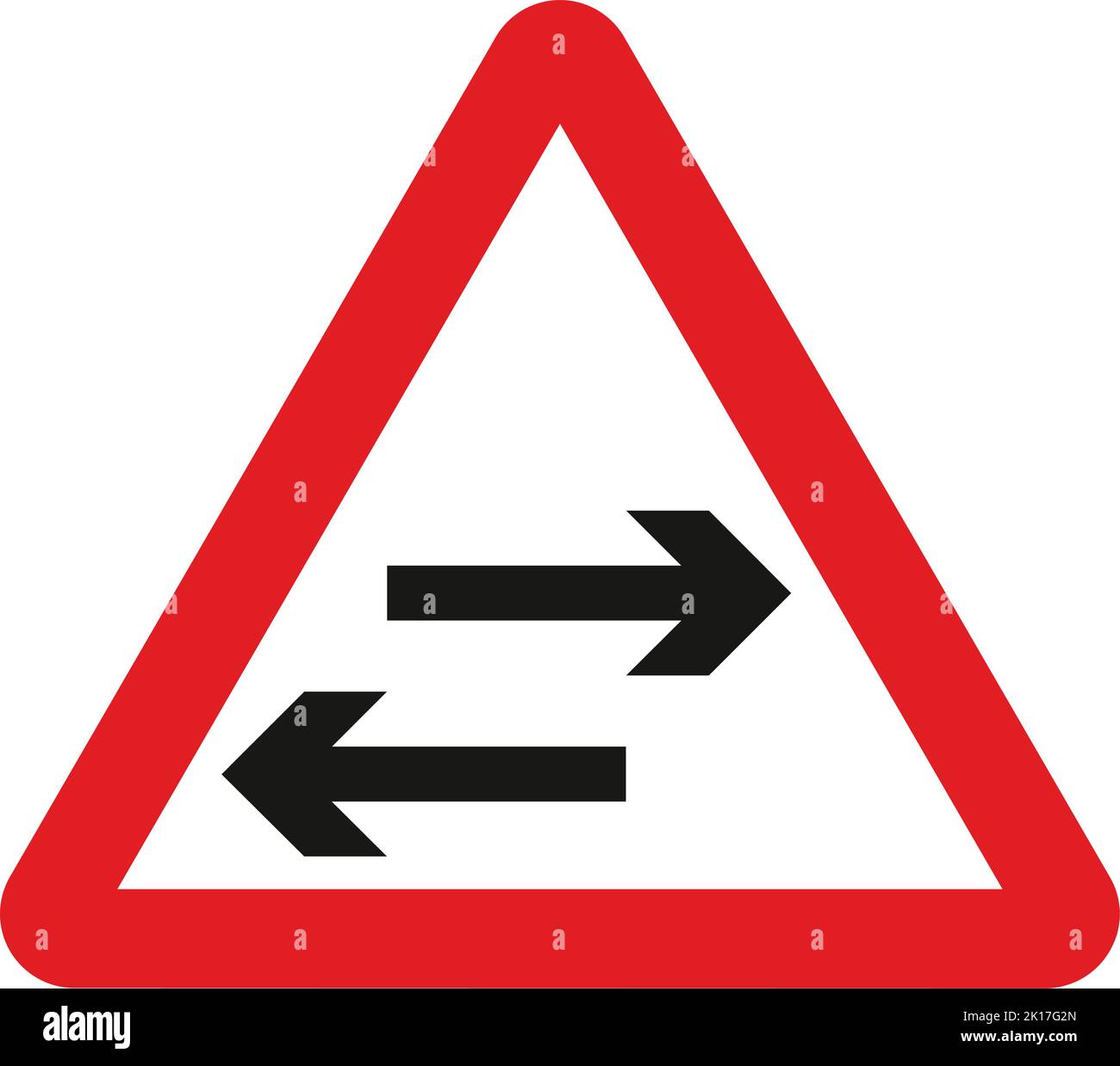 Two-way traffic crosses one-way road, The Highway Code Traffic Sign, Signs giving orders, Signs with red circles are mostly prohibitive. Plates below Stock Vector