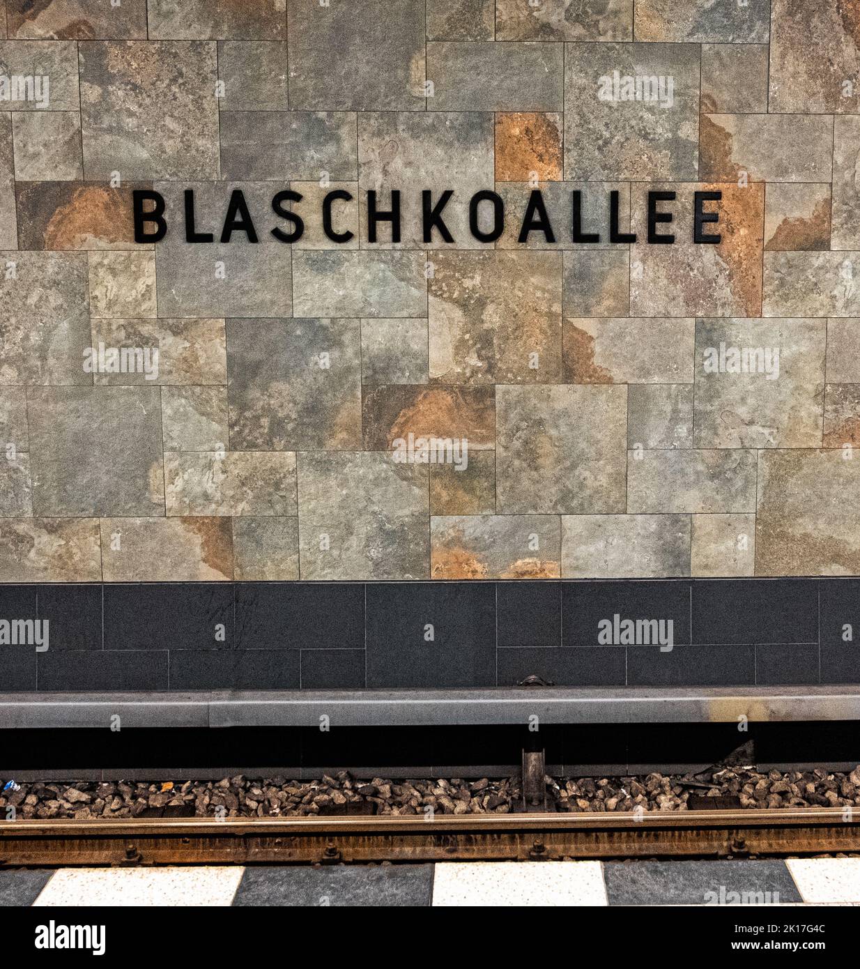 Blaschkoallee Underground U-bahn railway station serves the U7 Line, Britz, Neukölln, Berlin. Interior with large tiles and photograph Stock Photo