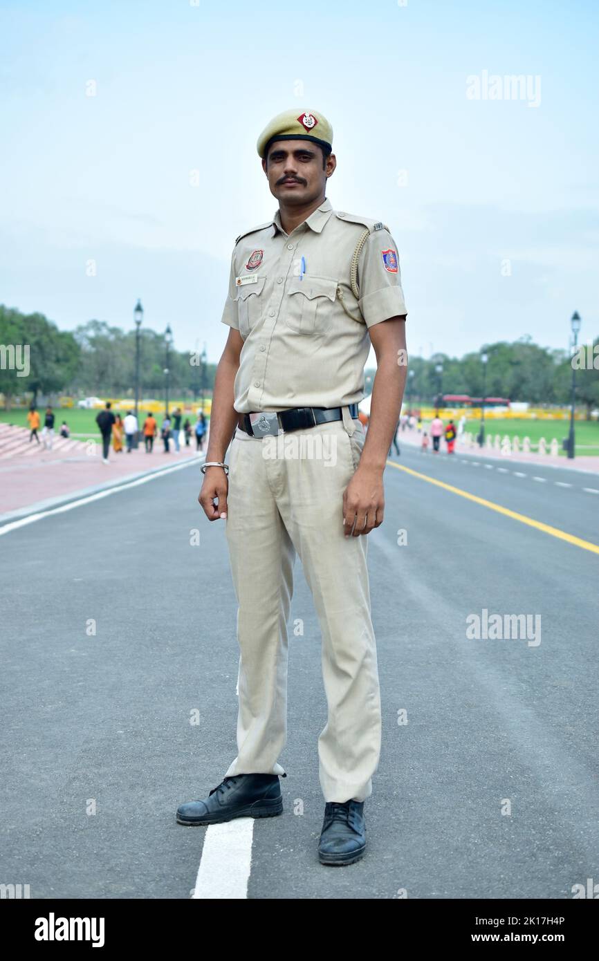 New Delhi, India - 14 September 2022 : Portrait of Indian policeman in Uniform Stock Photo