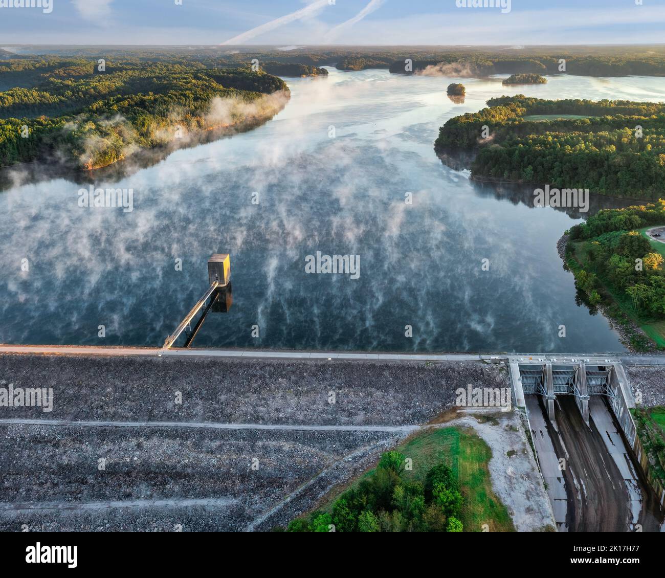Dam on Tims Ford Lake. Early summer morning with patchy fog Stock Photo