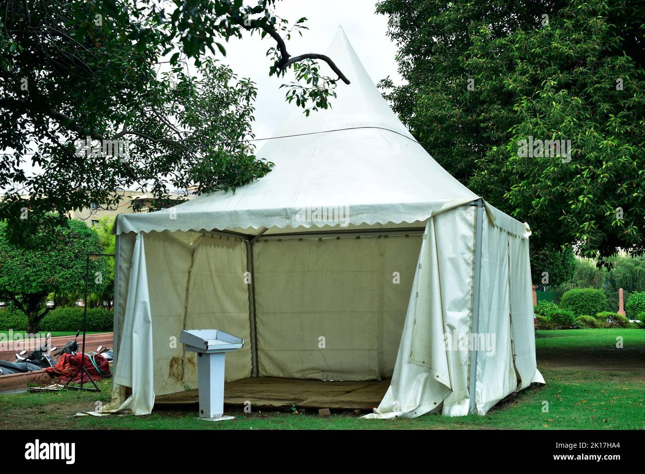 New Delhi, India 14 September 2022 Empty white tent for temporary