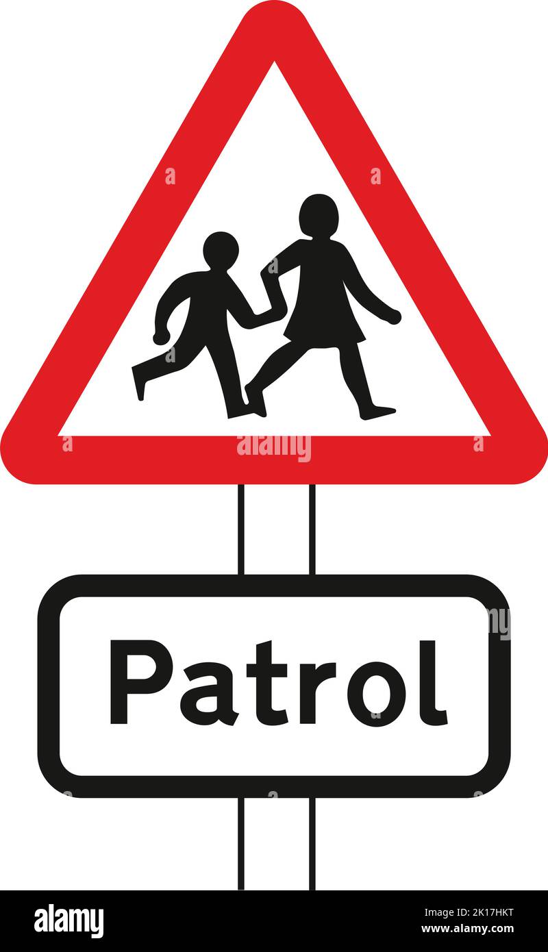 School crossing patrol ahead (some signs have amber lights which flash when crossings are in use), The Highway Code Traffic Sign, Signs giving orders, Stock Vector