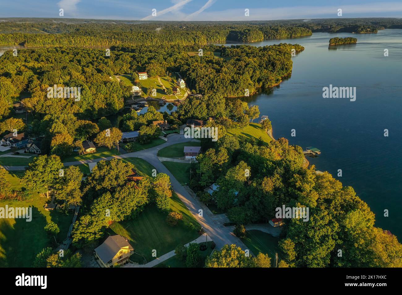 Aerial overhead view of residential, lakefront and lake view homes and