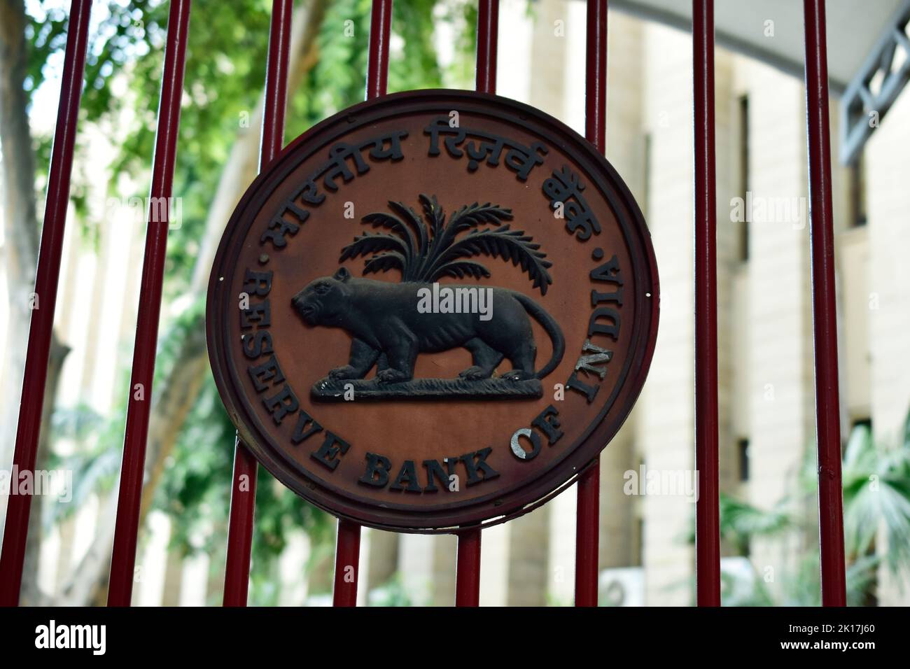 New Delhi, India - 14 September 2022 : RBI sign board on entrance gate of reserve bank of india Stock Photo