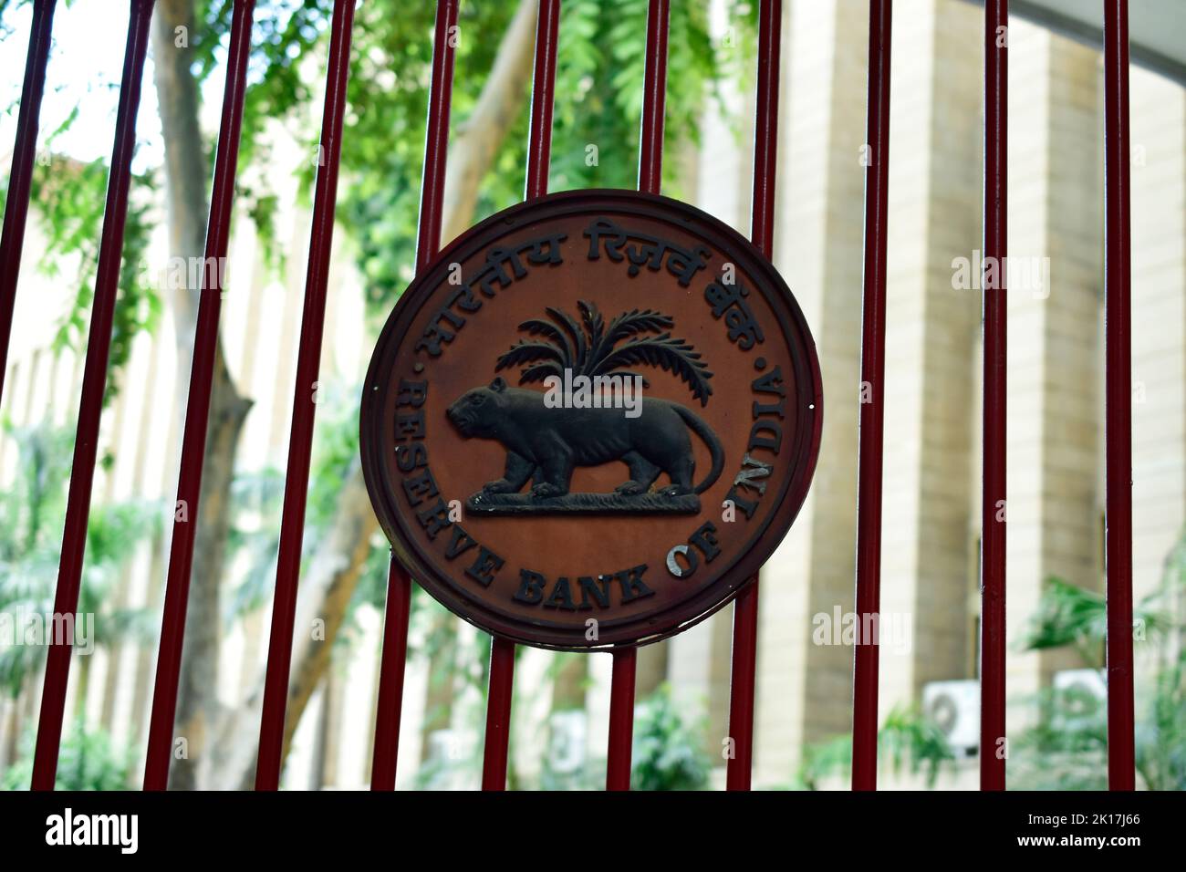 New Delhi, India - 14 September 2022 : Reserve bank of india logo on gate Stock Photo