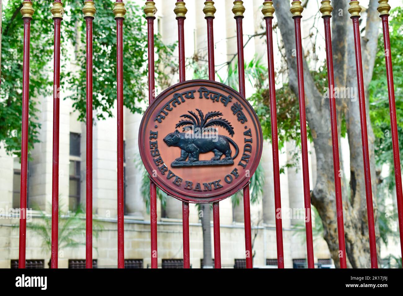 New Delhi, India - 14 September 2022 : Metal logo on Reserve Bank of India Gate Stock Photo