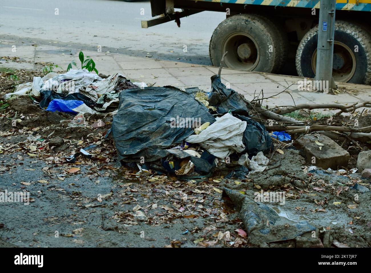 New Delhi, India - 14 September 2022: Garbage or trash at footpath Stock Photo