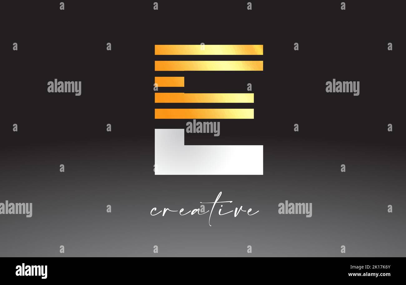 Golden Lines Letter E Logo Design with Creative Lines Cut on half of ...
