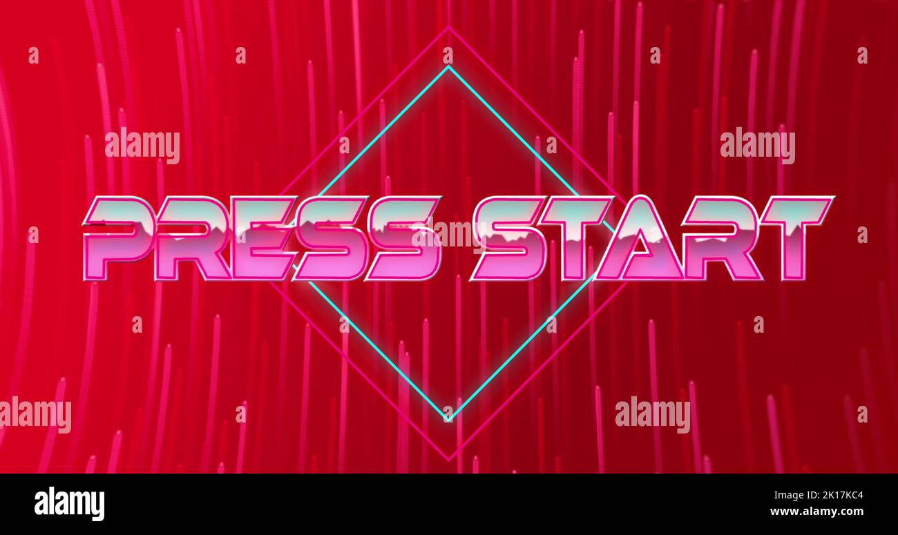 Image of press start text over light trails Stock Photo