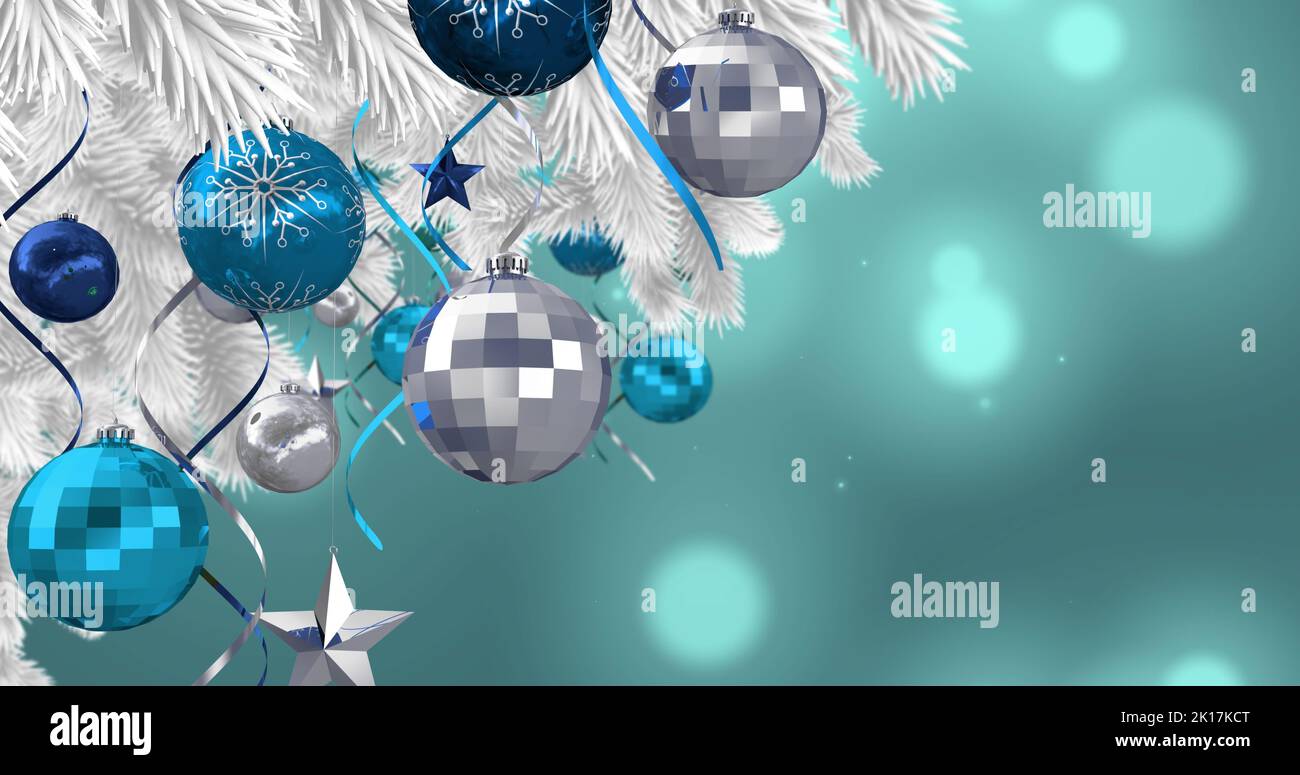 Image of baubles hanging on christmas tree on blue background with ...