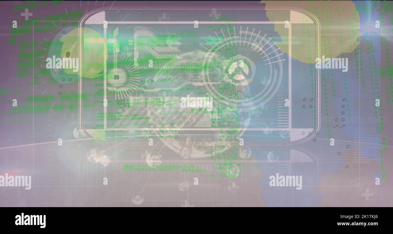 Image of data processing over clock and globe Stock Photo