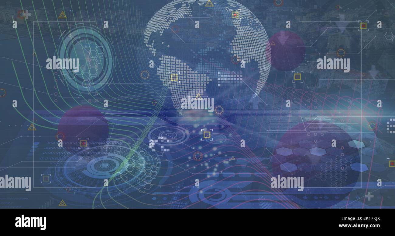 Image of data processing over clock and globe Stock Photo