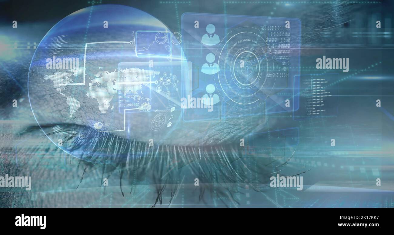 Image of data processing over clock and eye Stock Photo