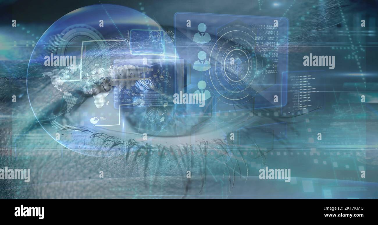 Image of data processing over clock and eye Stock Photo