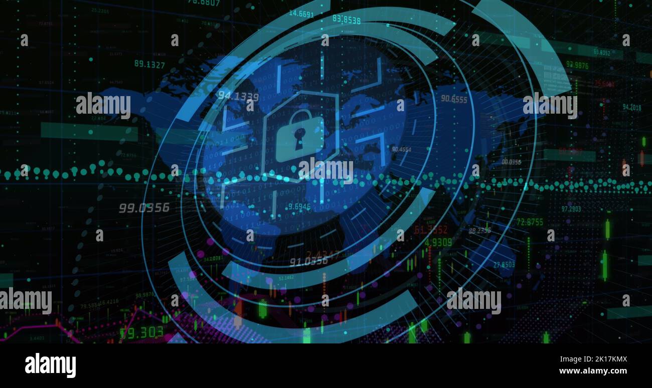 Image of scope scanning with padlock icon over data processing and ...