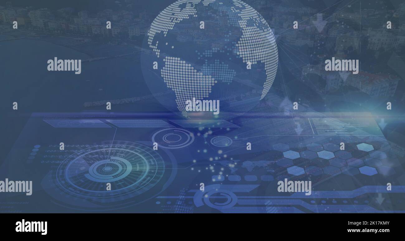 Image of data processing over clock and globe Stock Photo