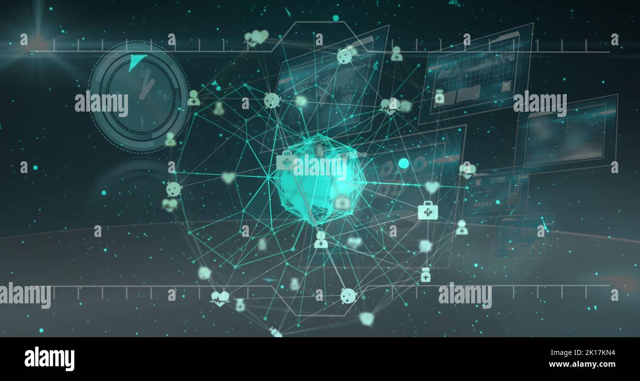 Image of data processing over clock and globe Stock Photo
