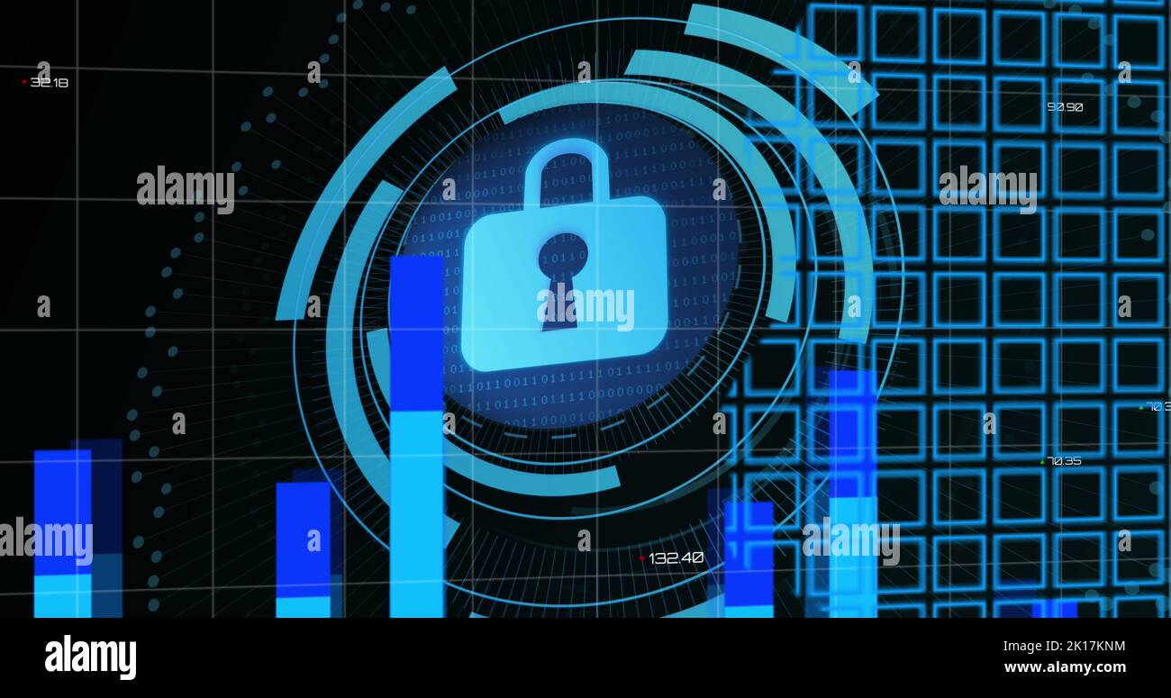 Image of scope scanning with padlock icon and graph over world map on ...