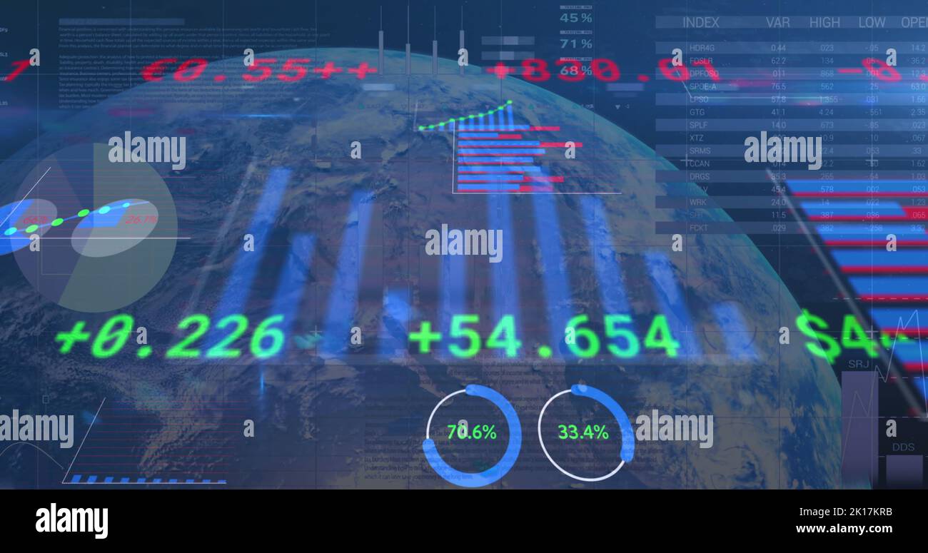 Image of data processing over globe and blue background Stock Photo