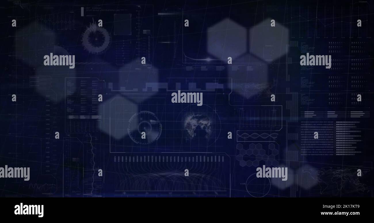 Image of hexagons over data processing on black background Stock Photo